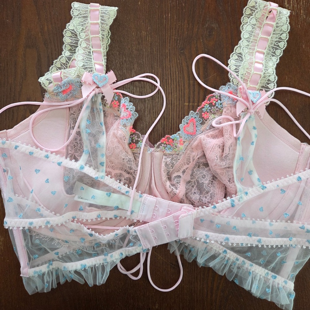 For Love Lemons Balconette Bra Lace Mesh Heart Print Tie Front Coquette - Picture 3 of 8